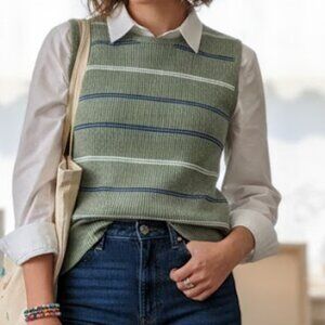 Basic Editions Sage Green Striped Ribbed Tank Top Size L Fits S/M Y2K 90s
